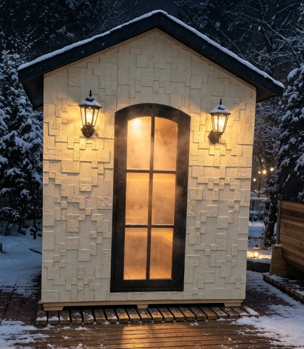 Premium Cedar Wood Outdoor Sauna | Geometric Stone-Finish Facade | All-Season Garden Terrace Sauna
