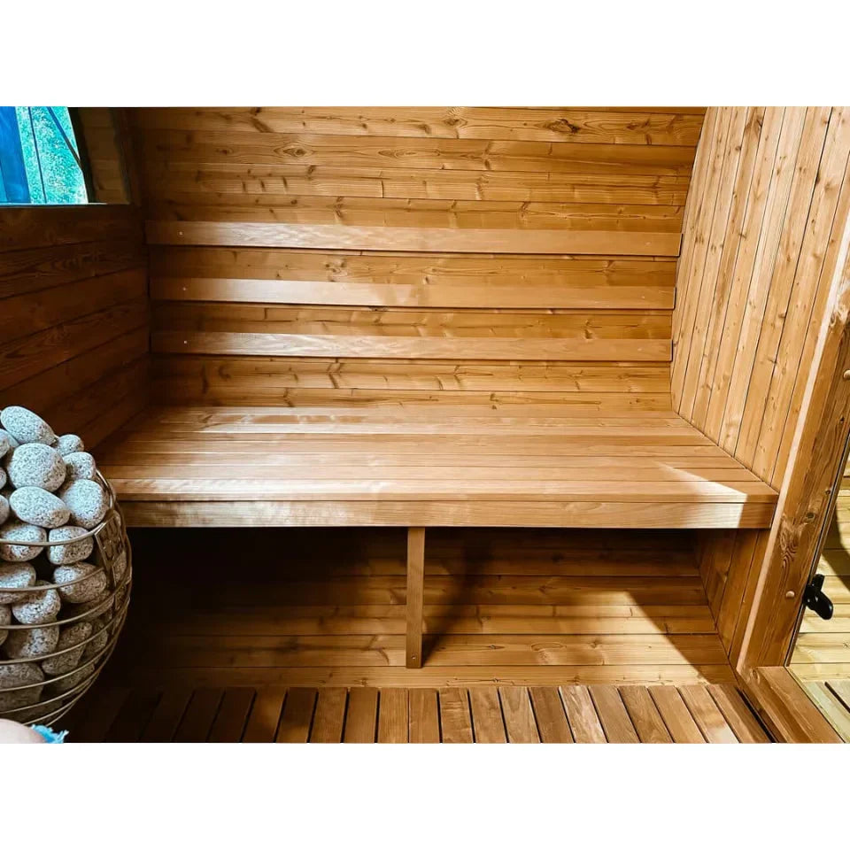 Oasislux stylish black barrel 4-person outdoor sauna with porch