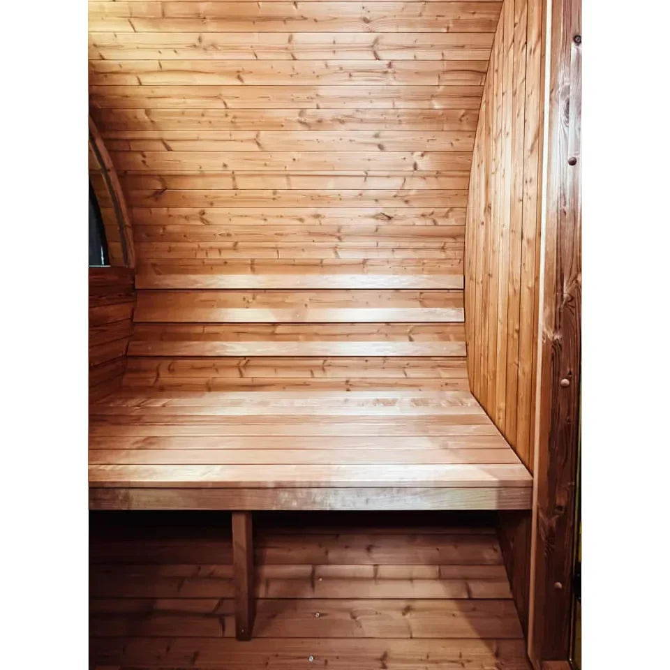 Oasislux stylish black barrel 4-person outdoor sauna with porch