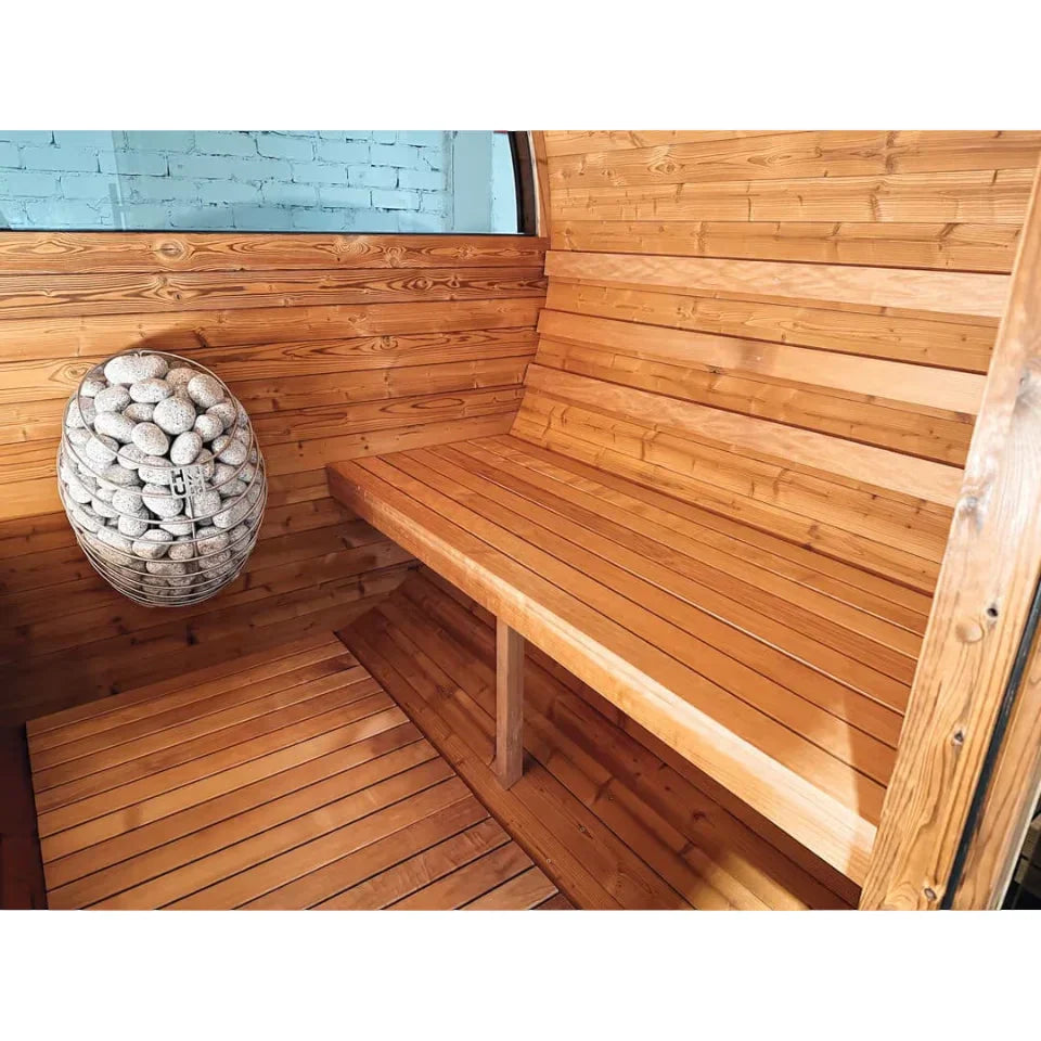 Oasislux stylish black barrel 4-person outdoor sauna with porch