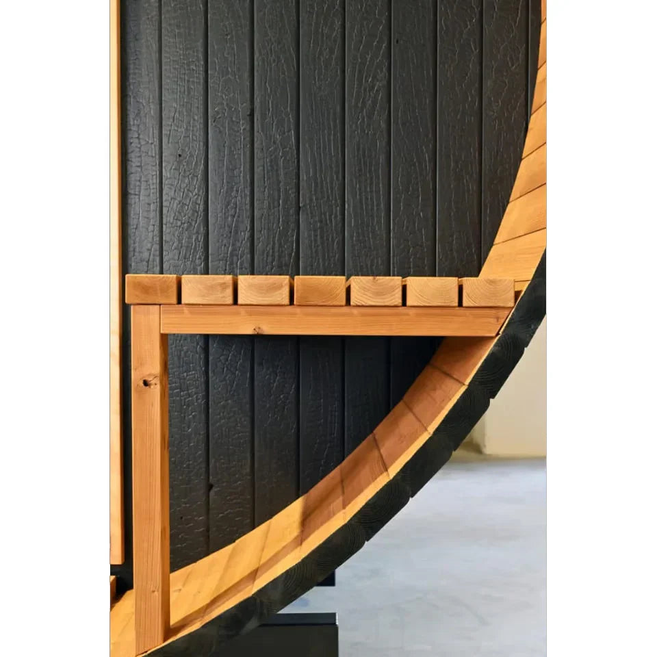Oasislux stylish black barrel 4-person outdoor sauna with porch