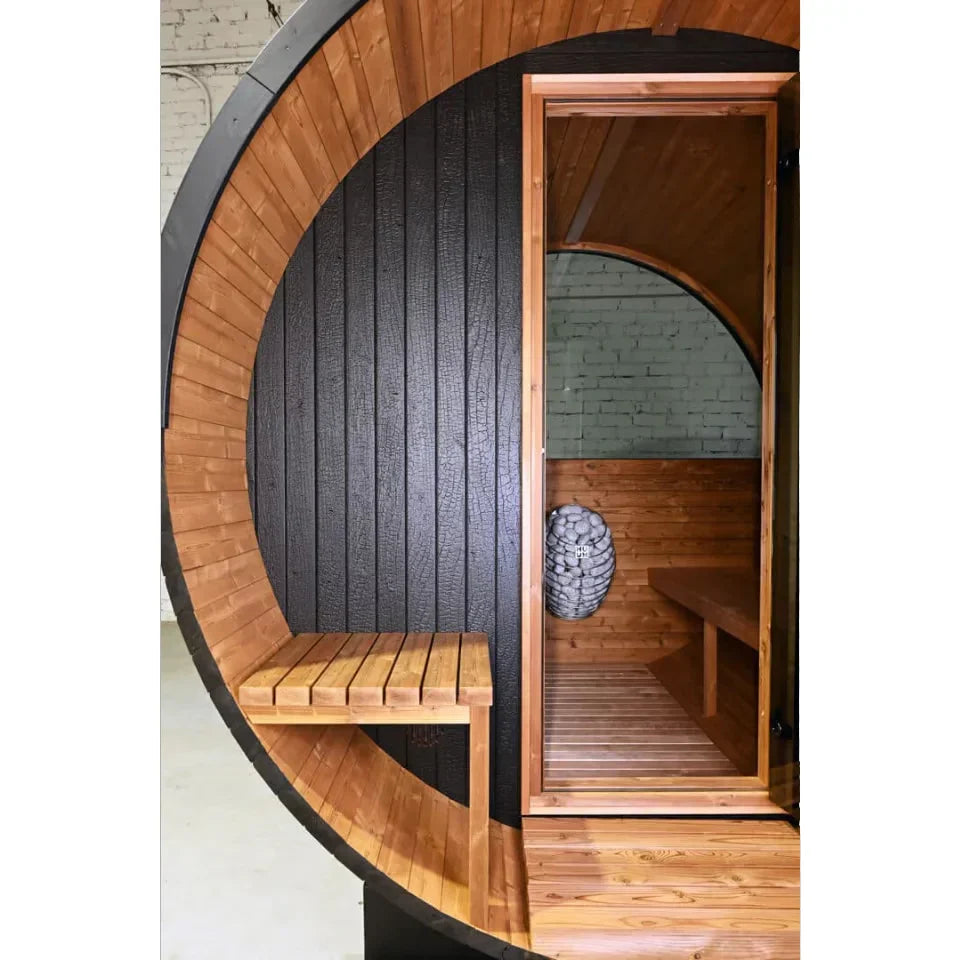 Oasislux stylish black barrel 4-person outdoor sauna with porch