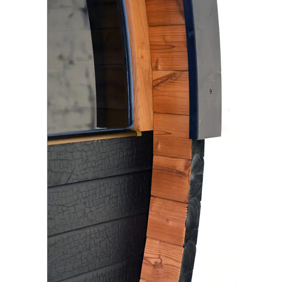 Oasislux stylish black barrel 4-person outdoor sauna with porch