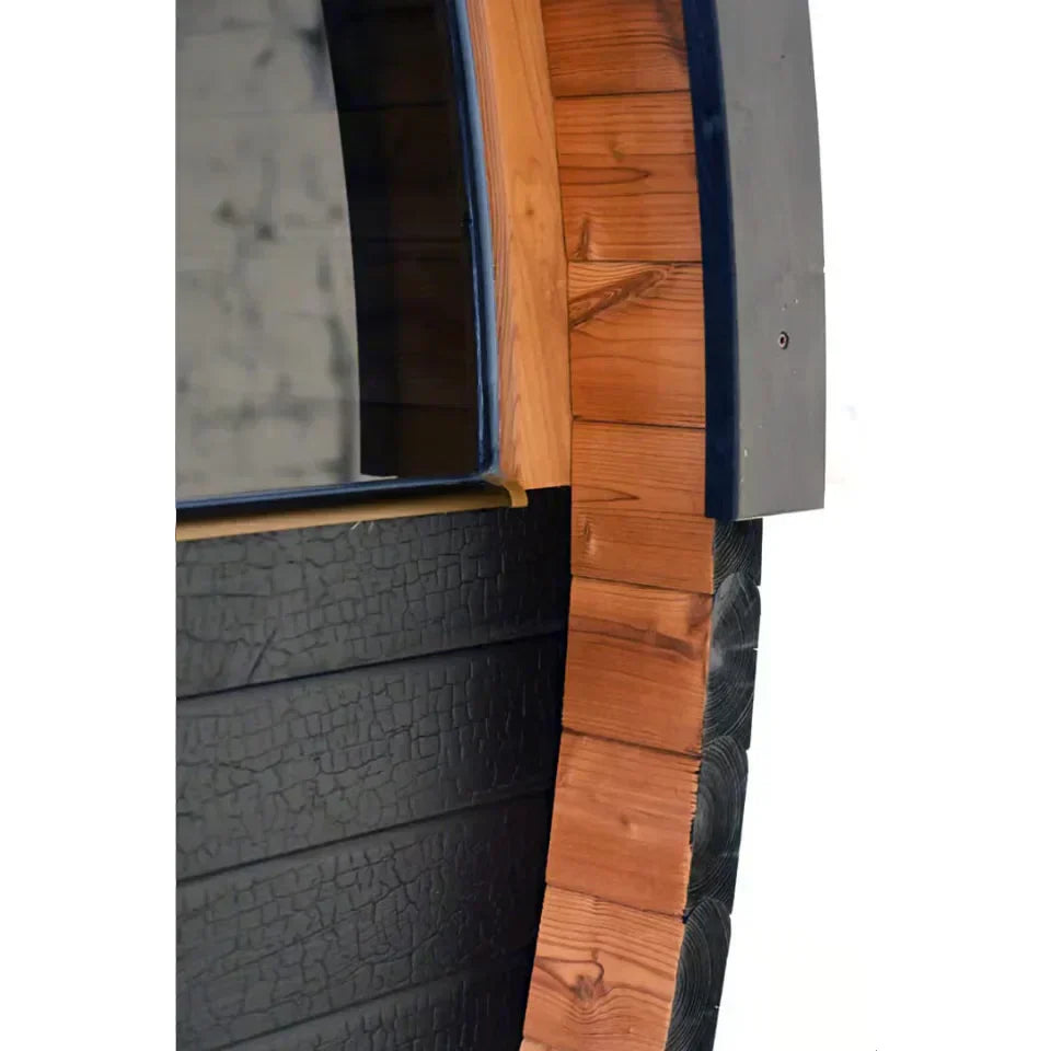 Oasislux stylish black barrel 4-person outdoor sauna with porch