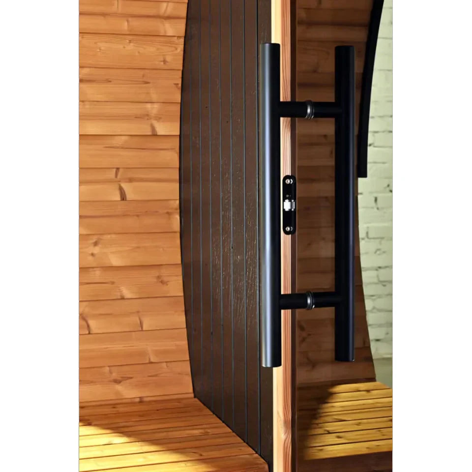Oasislux stylish black barrel 4-person outdoor sauna with porch