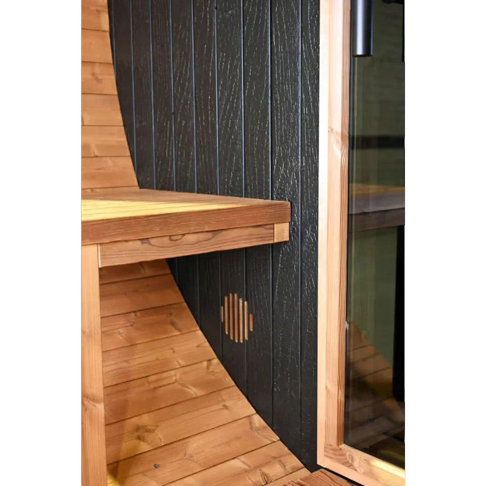 Oasislux stylish black barrel 4-person outdoor sauna with porch