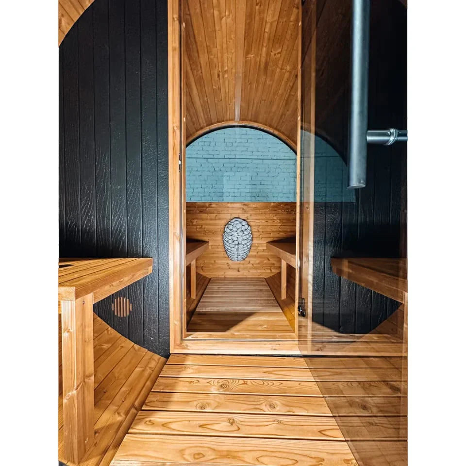 Oasislux stylish black barrel 4-person outdoor sauna with porch
