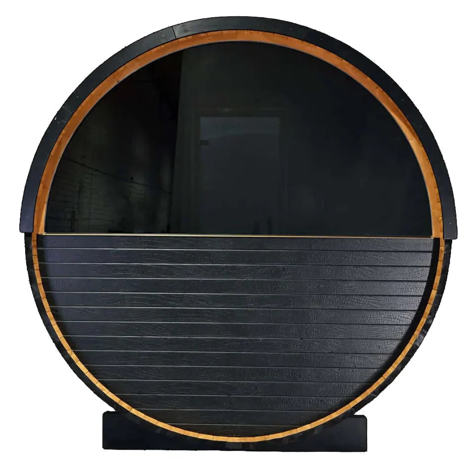 Oasislux stylish black barrel 4-person outdoor sauna with porch