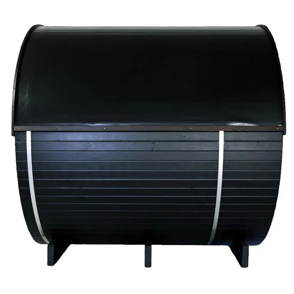 Oasislux stylish black barrel 4-person outdoor sauna with porch