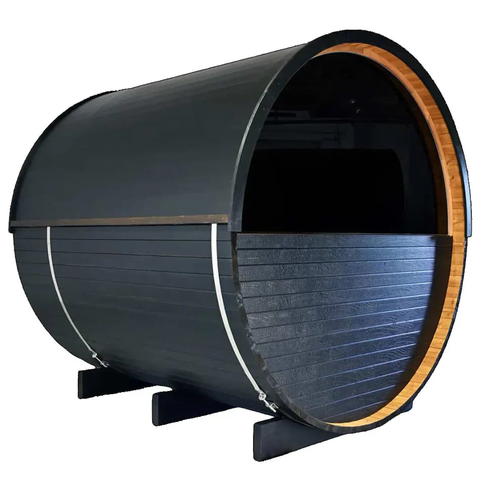 Oasislux stylish black barrel 4-person outdoor sauna with porch