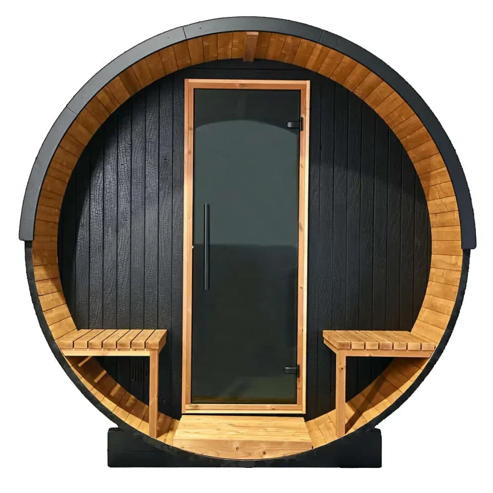 Oasislux stylish black barrel 4-person outdoor sauna with porch
