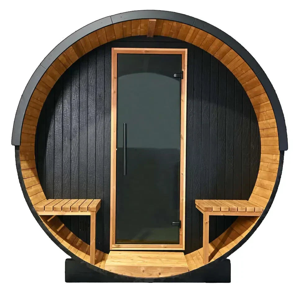 Oasislux stylish black barrel 4-person outdoor sauna with porch