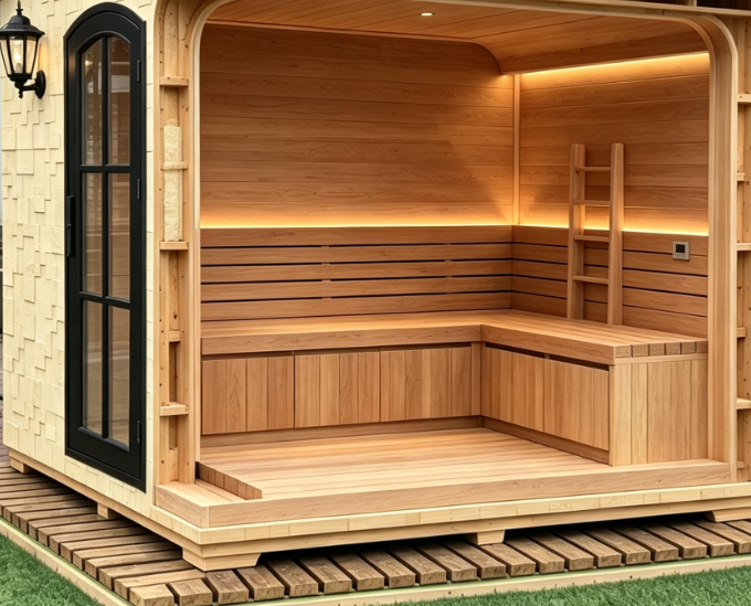Premium Cedar Wood Outdoor Sauna | Geometric Stone-Finish Facade | All-Season Garden Terrace Sauna
