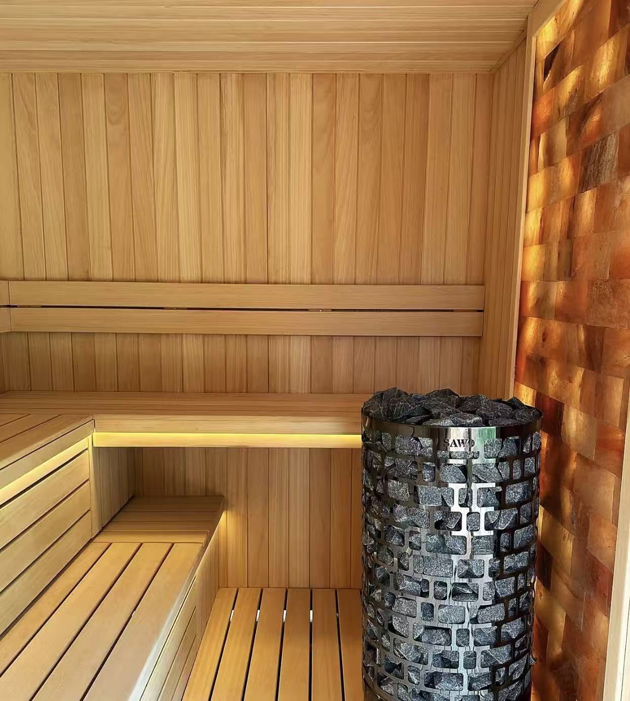 Premium Cedar Wood Outdoor Sauna | Geometric Stone-Finish Facade | All-Season Garden Terrace Sauna