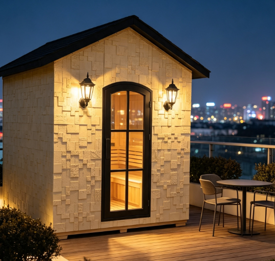 Premium Cedar Wood Outdoor Sauna | Geometric Stone-Finish Facade | All-Season Garden Terrace Sauna