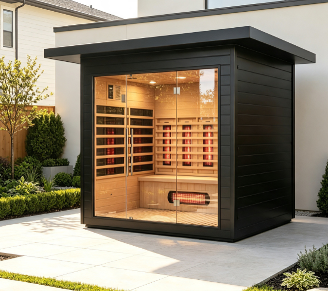 Modern Outdoor Infrared Sauna | Full Glass Cedar Sauna Cabin with Flat Roof for Patio