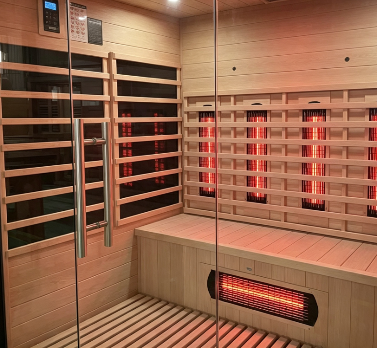 Modern Outdoor Infrared Sauna | Full Glass Cedar Sauna Cabin with Flat Roof for Patio