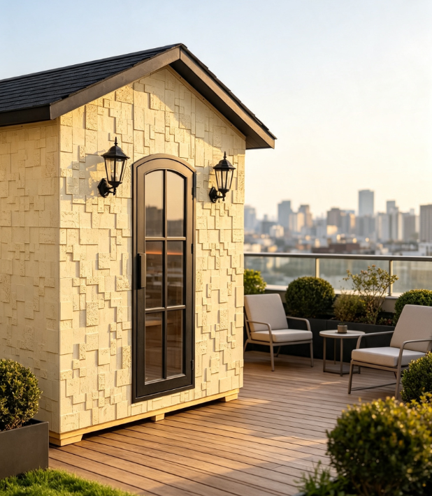 Premium Cedar Wood Outdoor Sauna | Geometric Stone-Finish Facade | All-Season Garden Terrace Sauna