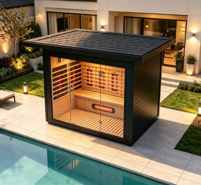 Modern Outdoor Infrared Sauna | Full Glass Cedar Sauna Cabin with Flat Roof for Patio