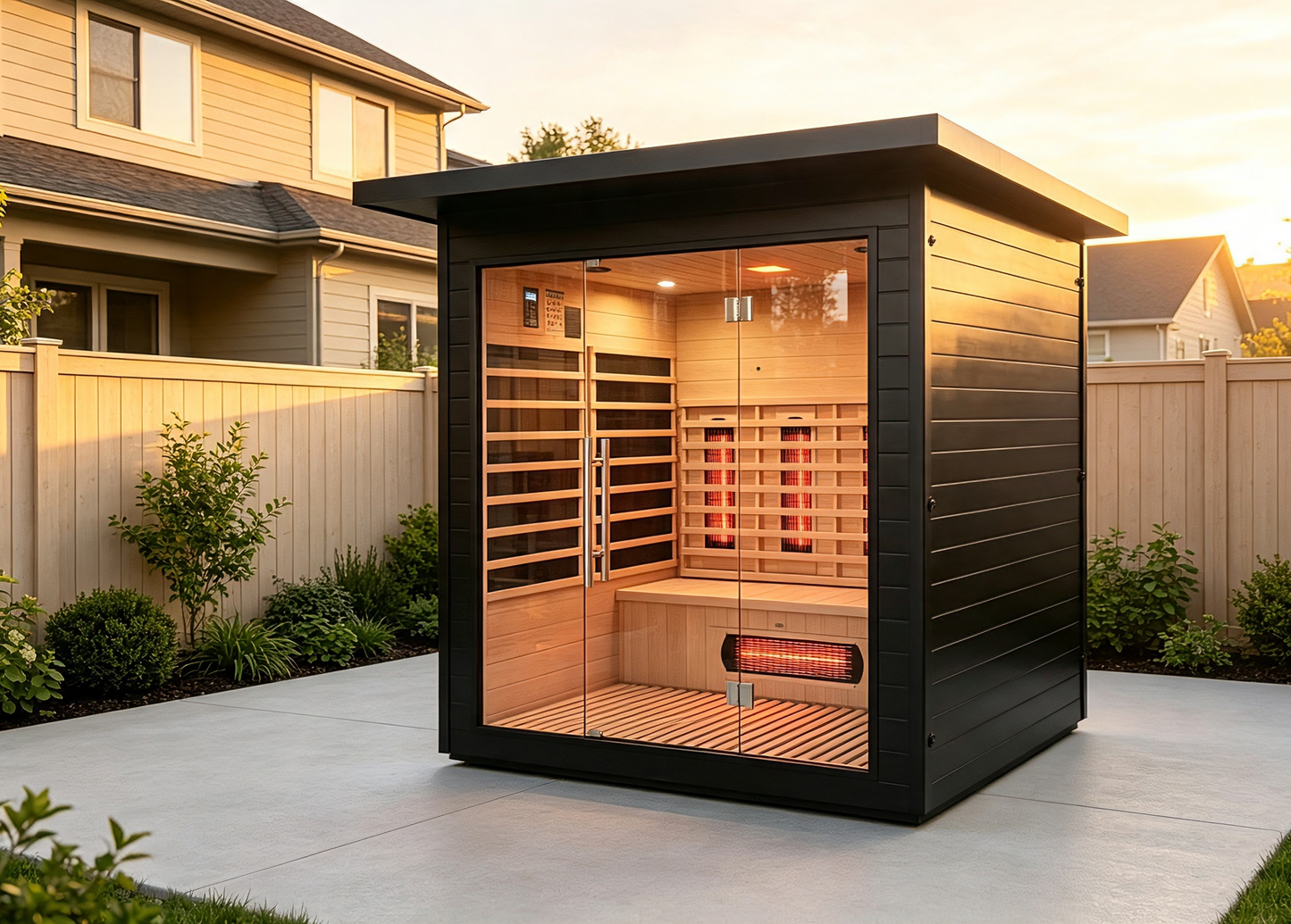 Modern Outdoor Infrared Sauna | Full Glass Cedar Sauna Cabin with Flat Roof for Patio