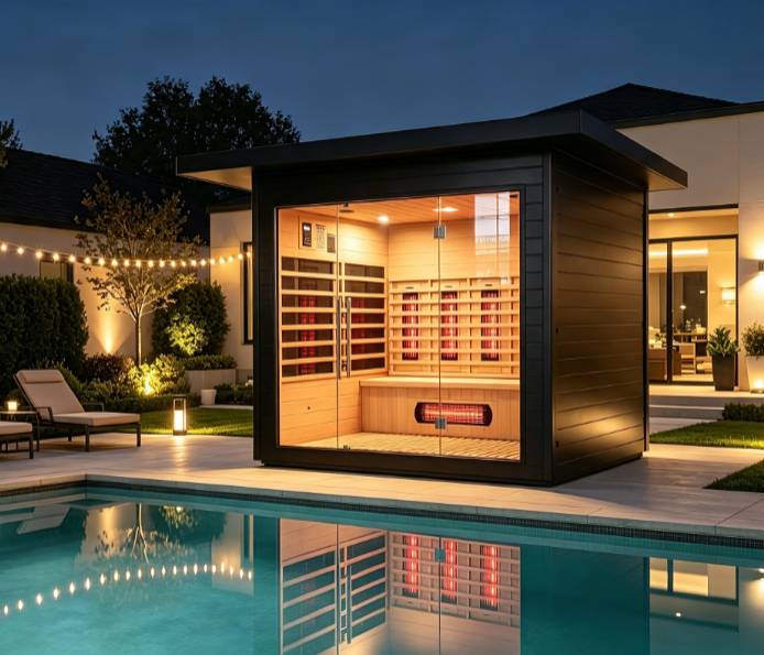 Modern Outdoor Infrared Sauna | Full Glass Cedar Sauna Cabin with Flat Roof for Patio
