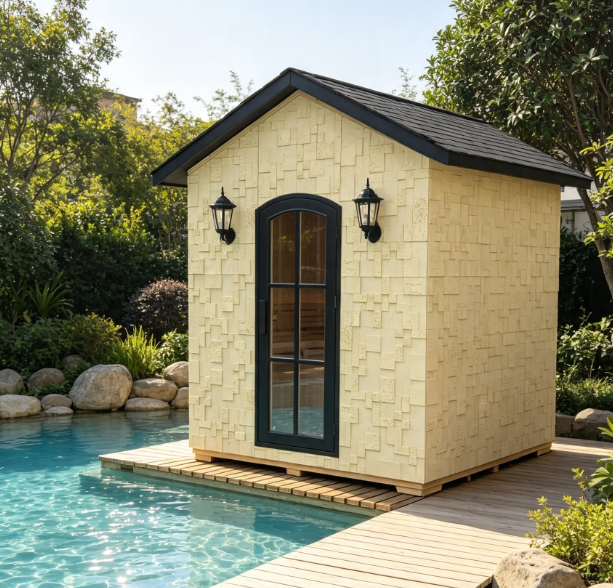 Premium Cedar Wood Outdoor Sauna | Geometric Stone-Finish Facade | All-Season Garden Terrace Sauna