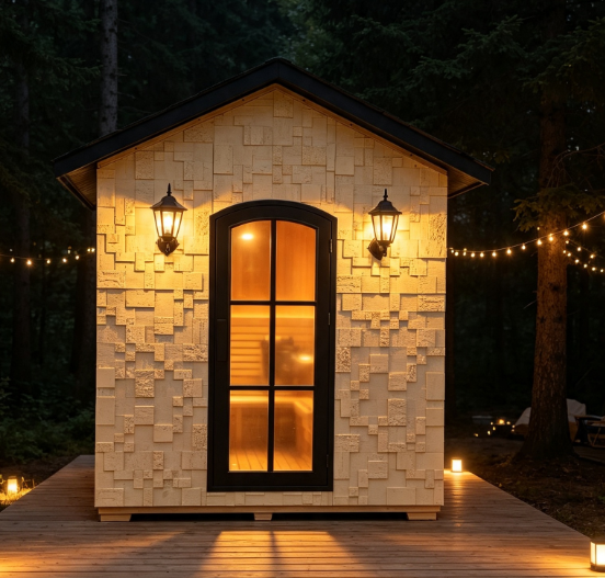 Premium Cedar Wood Outdoor Sauna | Geometric Stone-Finish Facade | All-Season Garden Terrace Sauna