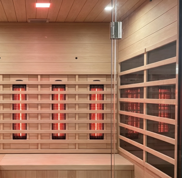 Modern Outdoor Infrared Sauna | Full Glass Cedar Sauna Cabin with Flat Roof for Patio