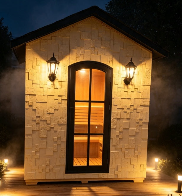 Premium Cedar Wood Outdoor Sauna | Geometric Stone-Finish Facade | All-Season Garden Terrace Sauna